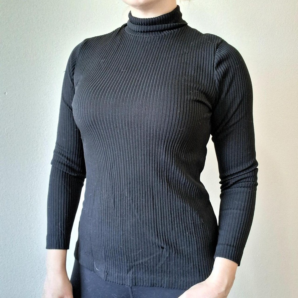 Vintage 70s Black Ribbed Turtleneck Sweater S